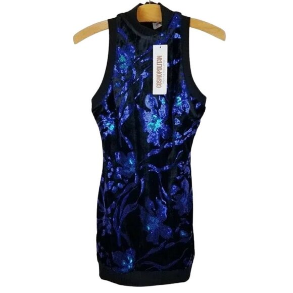 Cosmopolitan DDTP Madison Velvet Sequin Mini Dress 'Black/Cobalt Blue' Size S - Picture 4 of 13